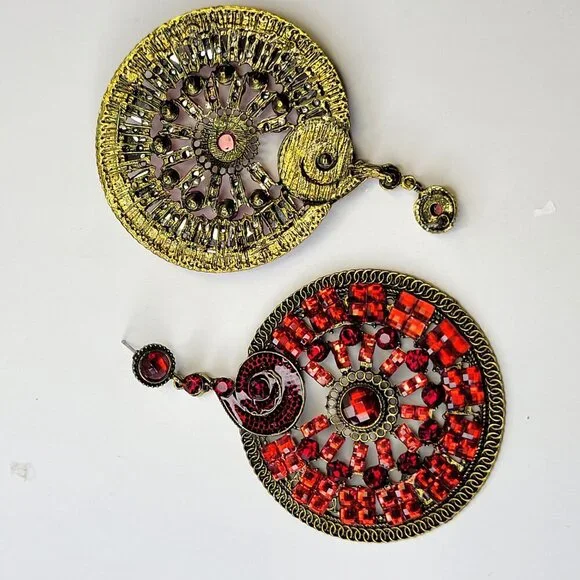 Red Rhinestone Circular Statement Earrings - Picture 4 of 8